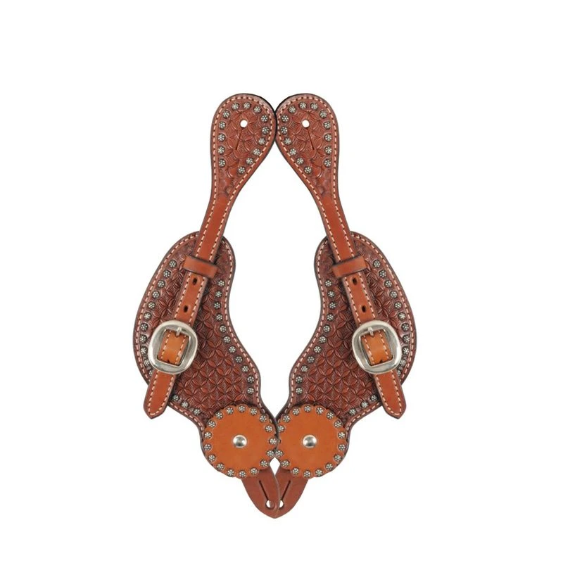 Western Rawhide Tooled Sun Spots Spur Straps - Chestnut 3 Western Rawhide Tooled Sun Spots Spur Straps - Chestnut